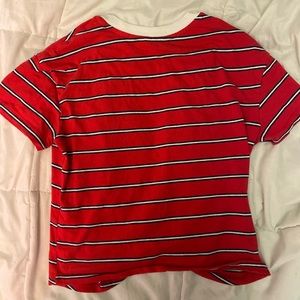 Red Knot-Tied Striped Crop Top